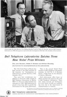 Bell Telephone Laboratories Salutes Three New Nobel Prize Winners (advertisement), February 1957 Radio & Television News - RF Cafe