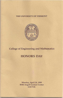 University of Vermont College of Engineering and Mathematics - Honors Day 1989, Kirt Blattenberger wins Atwater-Kent Award
