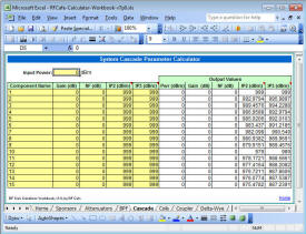 RF Cafe Calculator Workbook screen shot - System Component Cascade Calculator