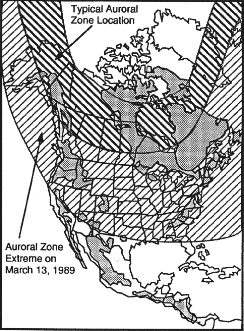 Drawing showing the swath of the aurora from the March 13, 1989 coronal mass ejection. NASA image - RF Cafe