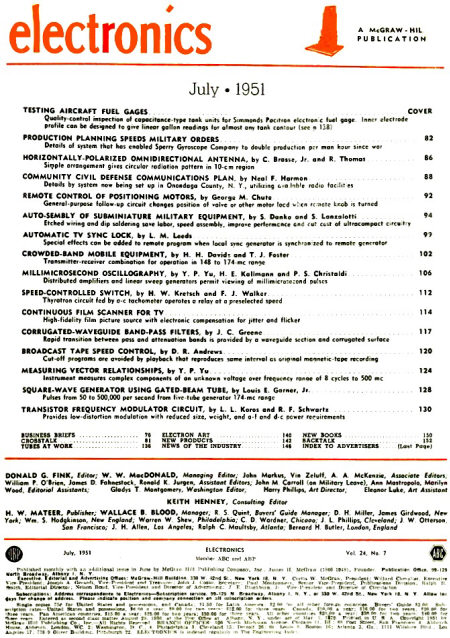 July 1951 Electronics Table of Contents - RF Cafe