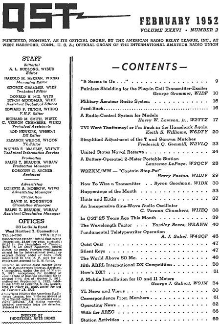 February 1952 QST Table of Contents - RF Cafe