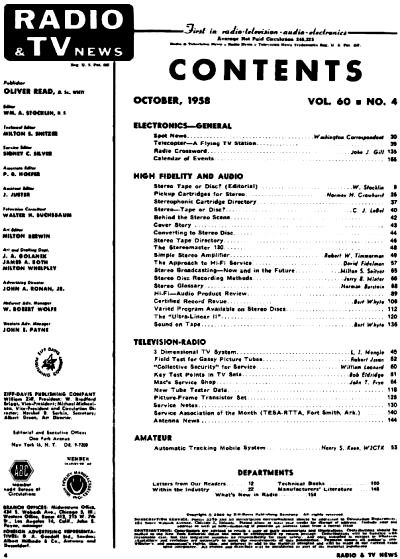 October 1958 Radio & TV News Table of Contents - RF Cafe