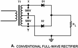 Comparison of a conventional and bridge full-wave rectifier. CONVENTIONAL FULL-WAVE RECTIFIER - RF Cafe