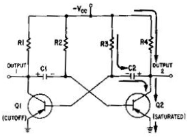 Astable multivibrator. (Q2 saturated) - RF Cafe