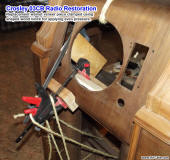 Replacement walnut veneer clamped, Crosley 03CB - RF Cafe