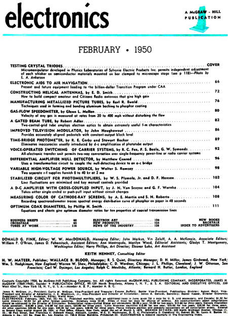 February 1950 Electronics Table of Contents - RF Cafe