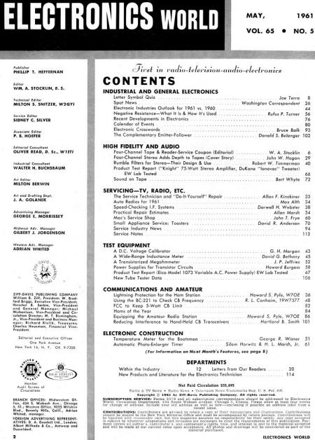 May 1961 Electronics World Table of Contents - RF Cafe