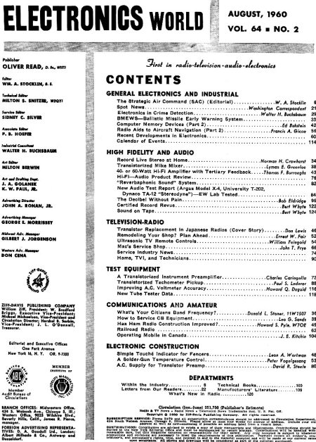 August 1960 Electronics World Table of Contents - RF Cafe