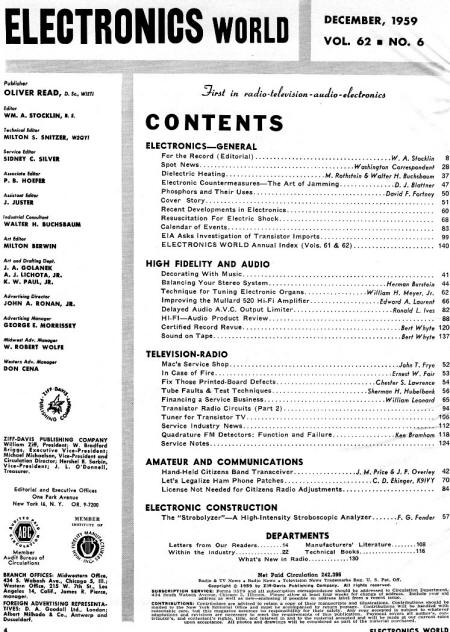 December 1959 Electronics World Table of Contents - RF Cafe