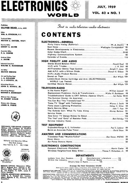 July 1959 Electronics World Table of Contents - RF Cafe