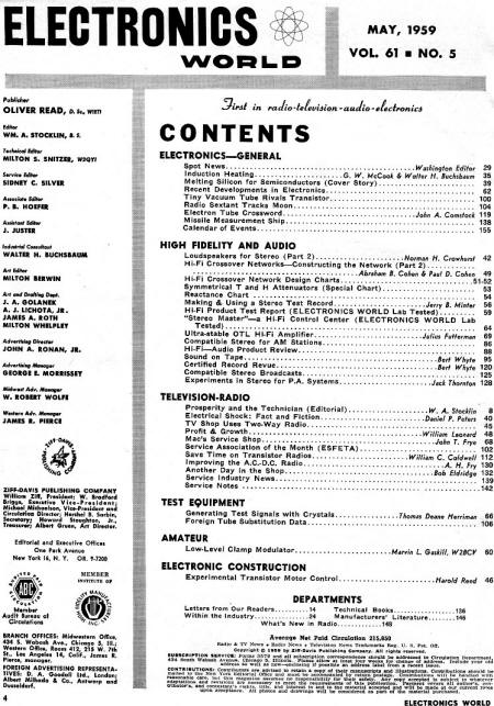 May 1959 Electronics World Table of Contents - RF Cafe