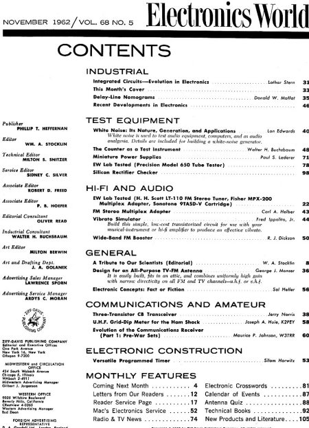 November 1962 Electronics World Table of Contents - RF Cafe