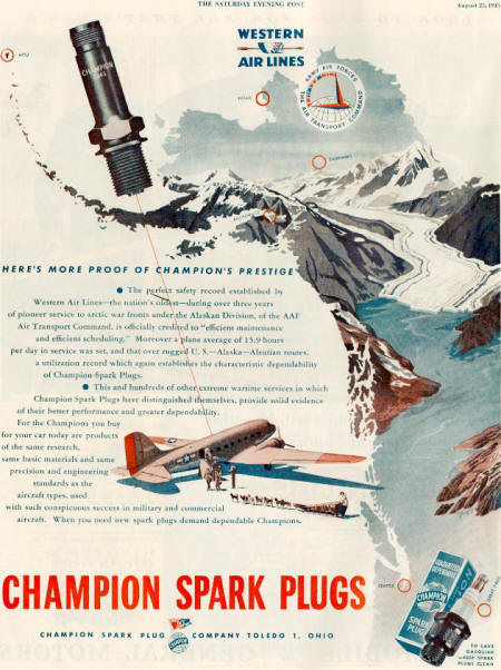 Champion Spark Plugs advertisement from the August 25, 1945, edition of the Saturday Evening Post - RF Cafe