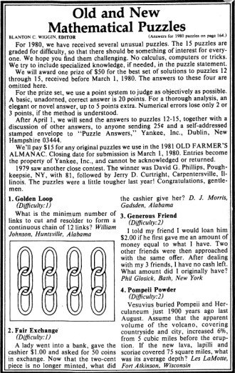 Mathematical Puzzles (page 158), 1980 Old Farmer's Almanac - RF Cafe