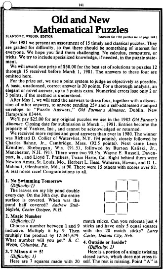 Mathematical Puzzles (page 141), 1981 Old Farmer's Almanac - RF Cafe