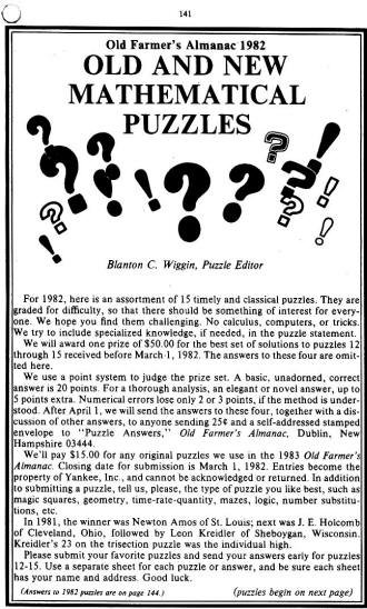 Mathematical Puzzles (page 141), 1982 Old Farmer's Almanac - RF Cafe