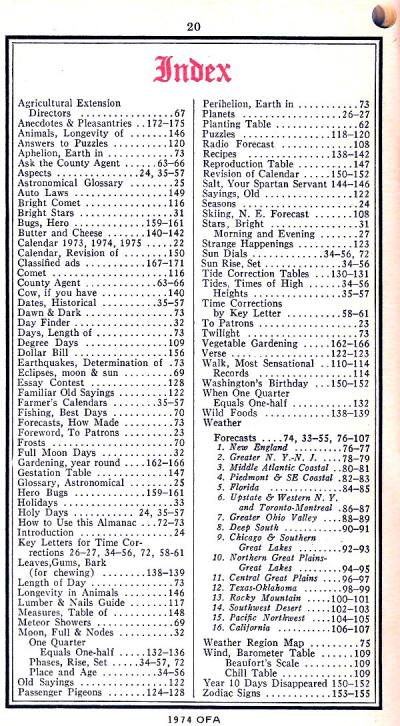 1974 Old Farmer's Almanac Index - RF Cafe