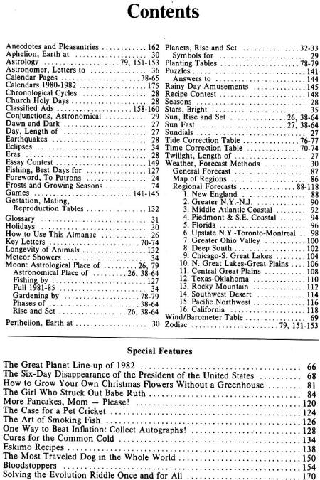 1982 Old Farmer's Almanac Table of Contents - RF Cafe