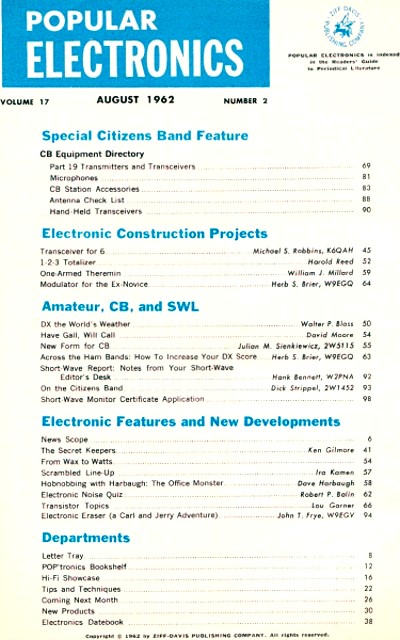 August 1962 Popular Electronics Table of Contents - RF Cafe