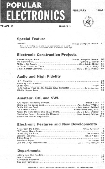 February 1961 Popular Electronics Table of Contents - RF Cafe