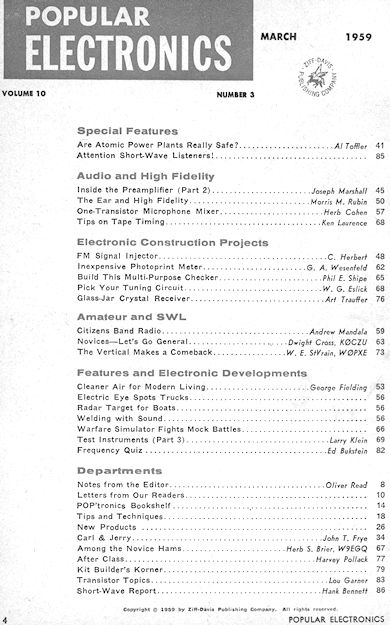 March 1959 Popular Electronics Table of Contents - RF Cafe