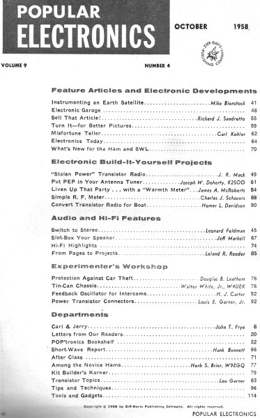 October 1958 Popular Electronics Table of Contents - RF Cafe