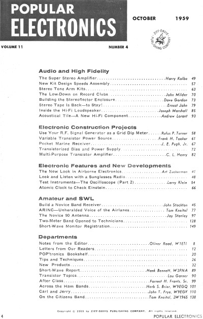 October 1959 Popular Electronics Table of Contents - RF Cafe