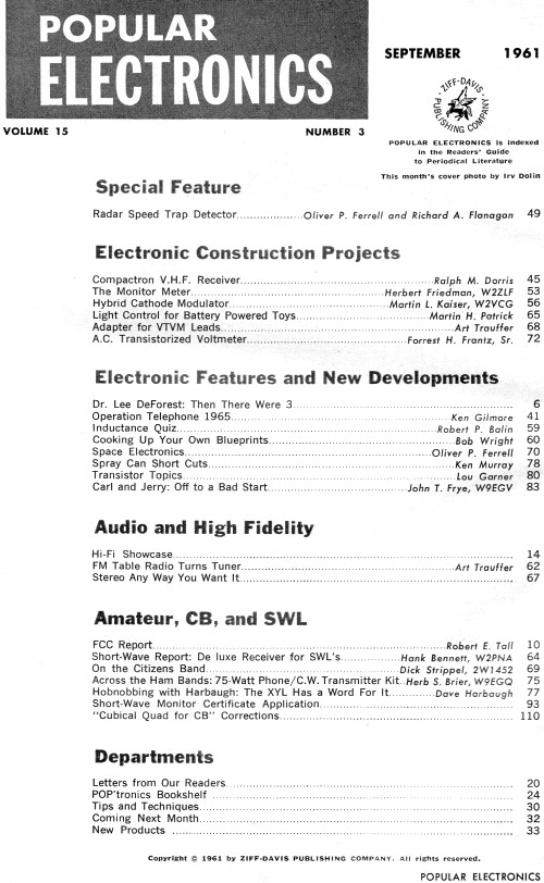 September 1961 Popular Electronics Table of Contents - RF Cafe