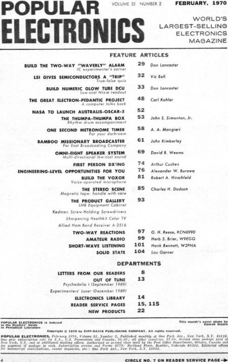 February 1970 Popular Electronics Table of Contents - RF Cafe