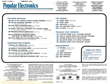 February 1974 Popular Electronics Table of Contents - RF Cafe