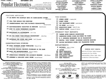 September 1973 Popular Electronics Table of Contents - RF Cafe