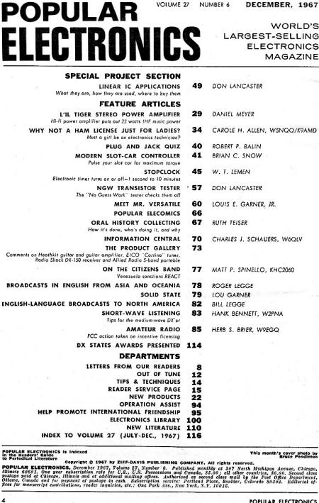 December 1967 Popular Electronics Table of Contents - RF Cafe