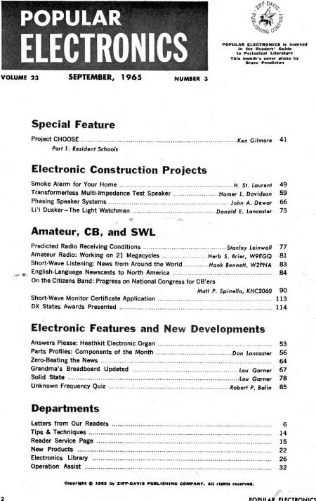 September 1965 Popular Electronics Table of Contents - RF Cafe