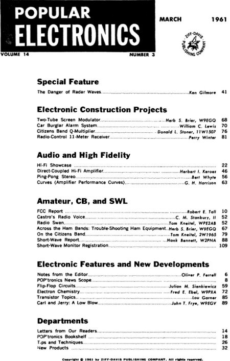 March 1961 Popular Electronics Table of Contents - RF Cafe