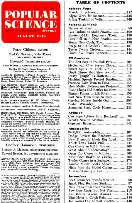 Popular Science August 1949 Table of Contents - RF Cafe