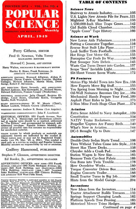 Popular Science April 1949 Table of Contents - RF Cafe