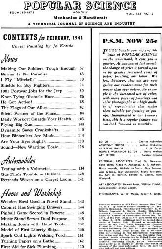 Popular Science February 1944 Table of Contents (p1) - RF Cafe