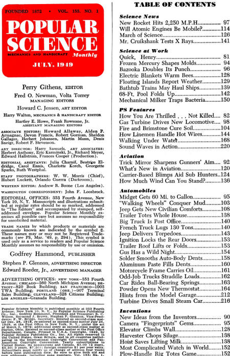 Popular Science July 1949 Table of Contents - RF Cafe