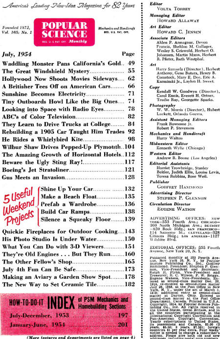 July 1954 Popular Science Table of Contents - RF Cafe
