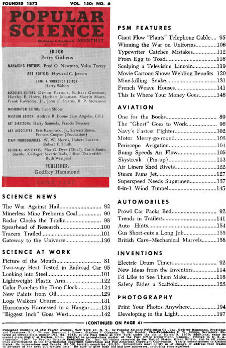 Popular Science June 1947 Table of Contents - RF Cafe