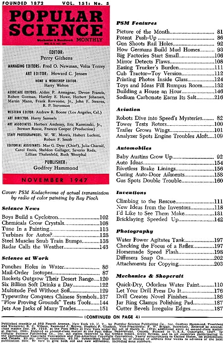 Popular Science November 1947 Table of Contents - RF Cafe
