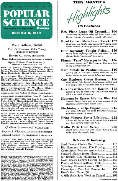 Popular Science October 1949 Table of Contents - RF Cafe