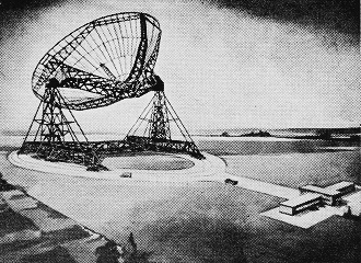 Largest of Bowl-Type radio telescopes, this 250-foot-diameter giant is being built at Manchester, England - RF Cafe