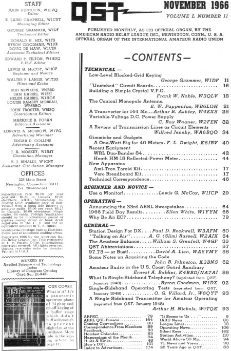 November 1966 QST Table of Contents - RF Cafe