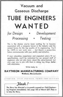 Raytheon Manufacturing Company Wants Tube Engineers, July 1944 QST - RF Cafe