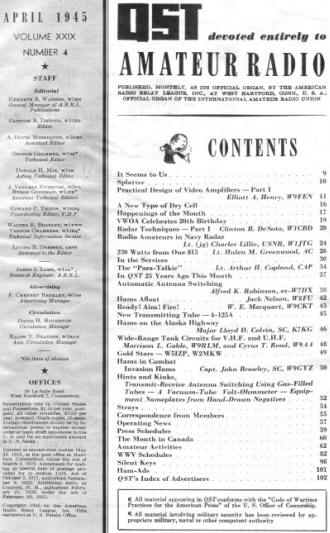 April 1945 QST Table of Contents - RF Cafe