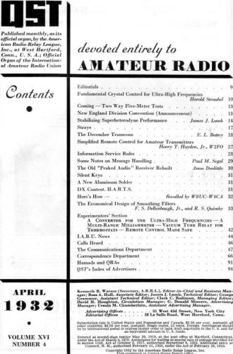 April 1932 QST Table of Contents - RF Cafe