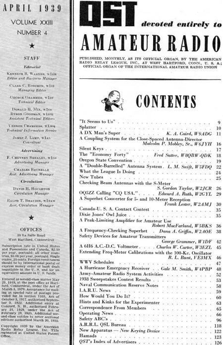 April 1939 QST Table of Contents - RF Cafe
