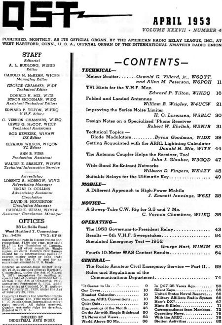 April 1953 QST Table of Contents - RF Cafe